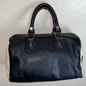 Kate Landry Black & Tan Boston Leather & Canvas Satchel EUC